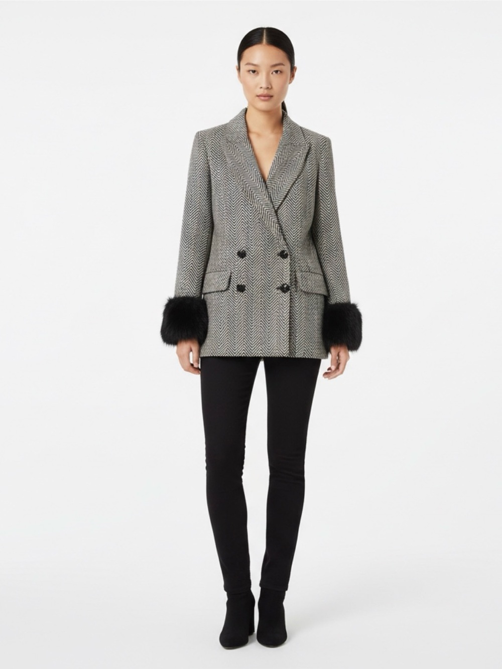 LE SUPERBE David Boa Blazer herringbone pattern and faux fur cuffs size 12 NWT!